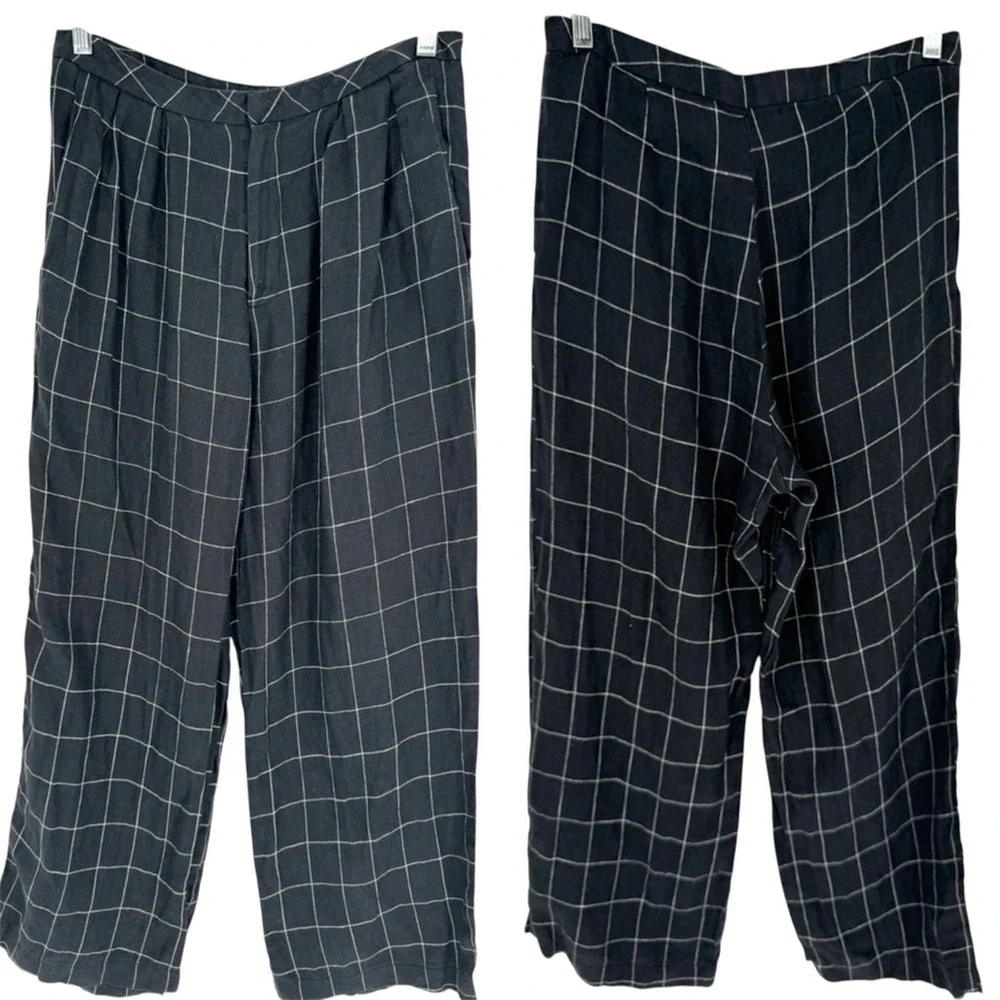 REFORMATION High Rise Windowpane Plaid Linen Trousers Black/White Size‎ S Office